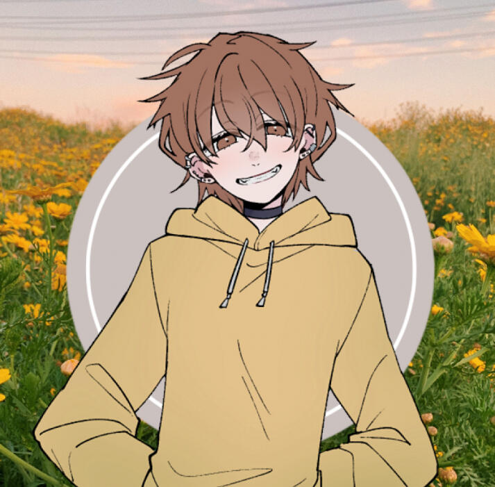 A Picrew of a young person with brown shaggy hair and brown eyes. They are wearing a yellow hoodie and are smirking.