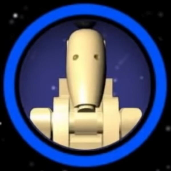 An image of a Lego droid from Star Wars. There is a bright blue circle bordering the image.