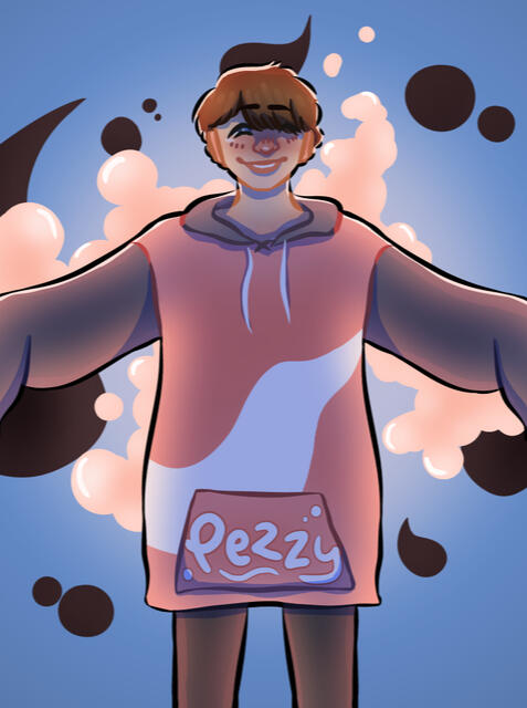 A chibi-style drawing of a young man with pale skin and short brown hair smiling. He is standing, and his arms are splayed outwards in a T shaped pose. He is wearing an oversized hoodie. The image has a blue background and it is backlit with pink light.
