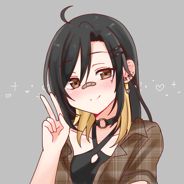 A Picrew of a young woman with brown eyes and black hair that has blonde under highlights. She is smiling at the camera and holding up a peace sign. She has a black top on with a brown plaid flannel and safety pin earrings.