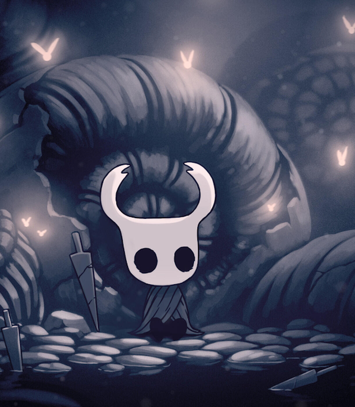 A monochromatic navy blue drawing of a character from Hollow Knight. There are white glowing fireflies in the background.