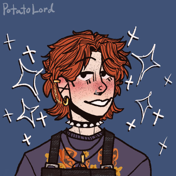 A Picrew of a young person with a ginger wolfcut. They are smiling at the camera. They are wearing a spiked choker, a nose piercing, and a yellow crystal necklace. They have on black overalls and a purple crewneck wih yellow butterflies on it.