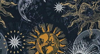 A navy blue and yellow retro sun pattern is pictured.